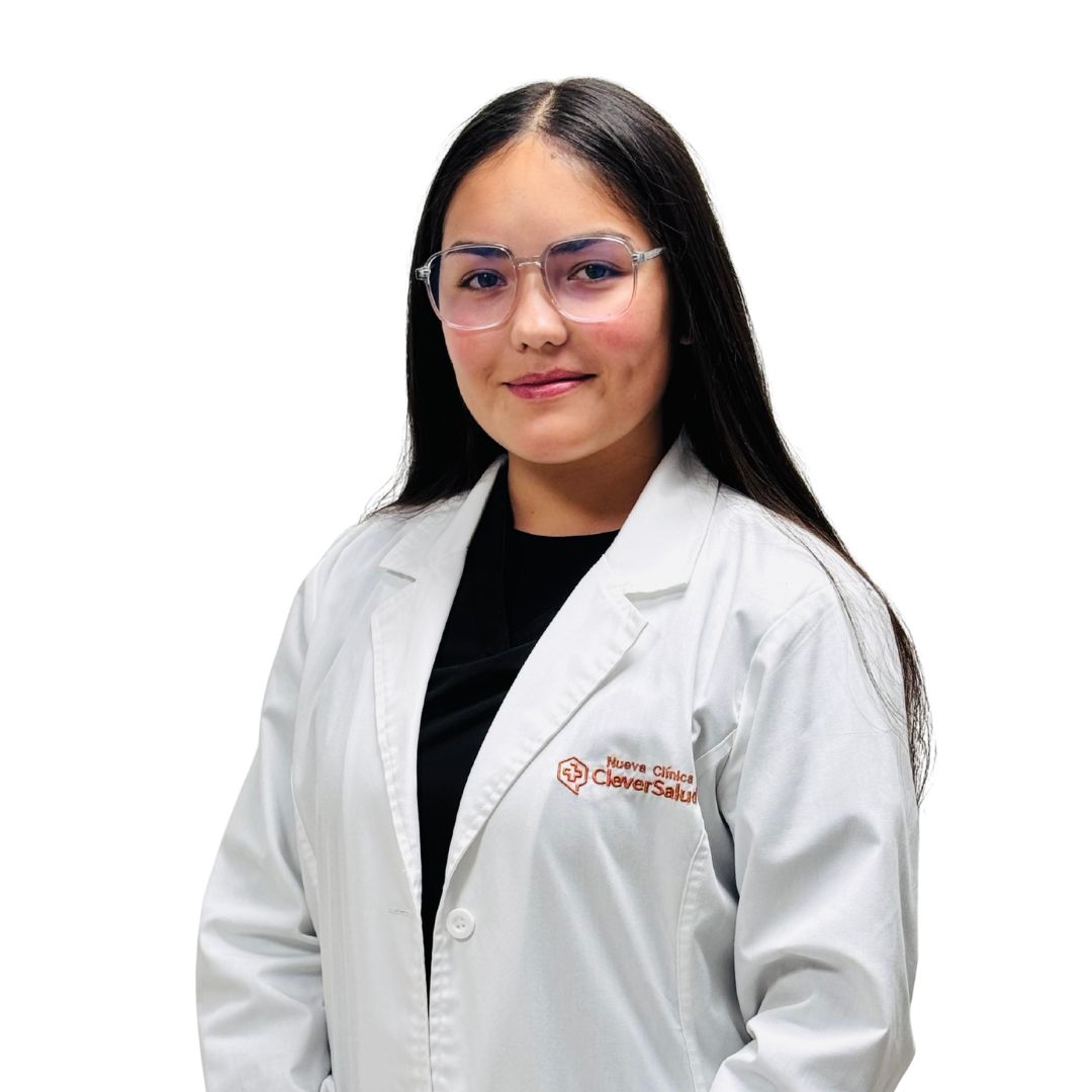 Portrait of a female healthcare professional with long dark hair and glasses, wearing a white lab coat and a black top, smiling against a white background.