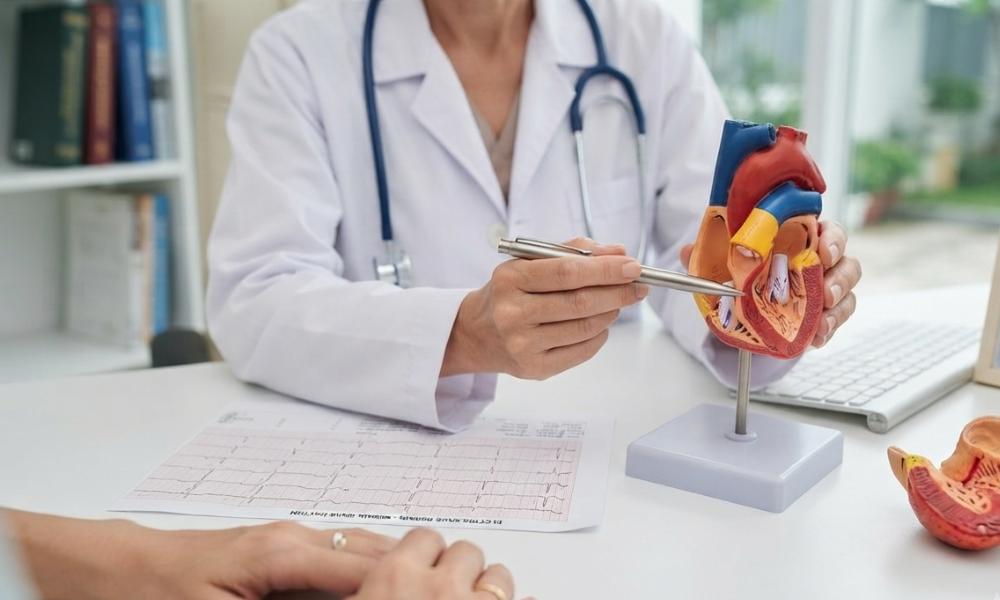 Doctor in a white coat explains heart anatomy using a colorful heart model and an ECG printout on the desk.