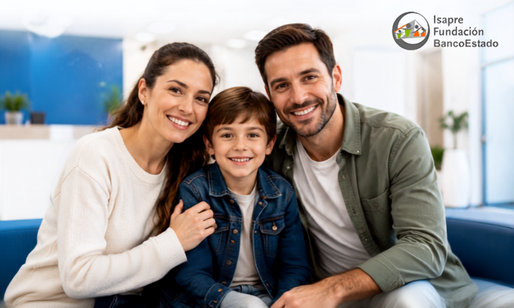 Smiling mother, father, and son sit close on a blue couch in a bright lobby; Isapre Fundación BancoEstado logo in the top-right corner.
