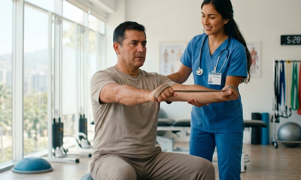 Physical therapist in blue scrubs assists a man with an arm rehabilitation exercise in a bright clinic.