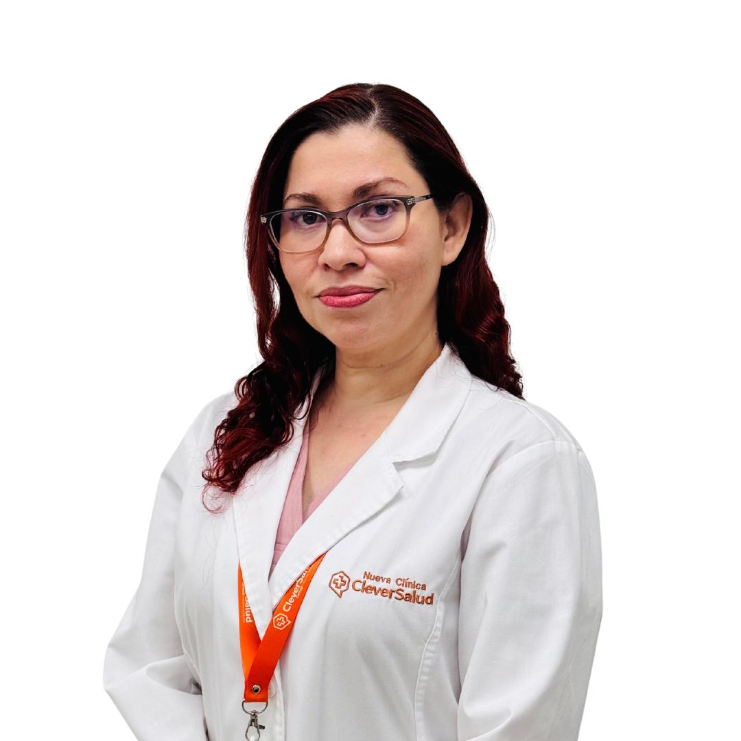 Portrait of a female healthcare professional in a white lab coat with an orange lanyard and name badge against a white background.