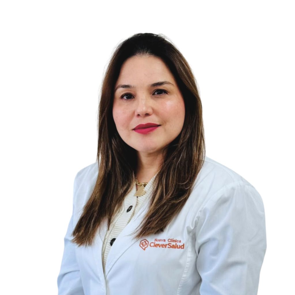 Portrait of a female healthcare professional with long brown hair, wearing a white coat with the Nueva Clínica Clever Salud logo, looking at the camera.