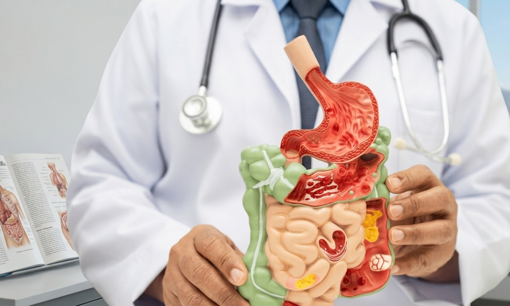 Doctor in a white coat holding a detailed model of the human digestive system for teaching purposes.