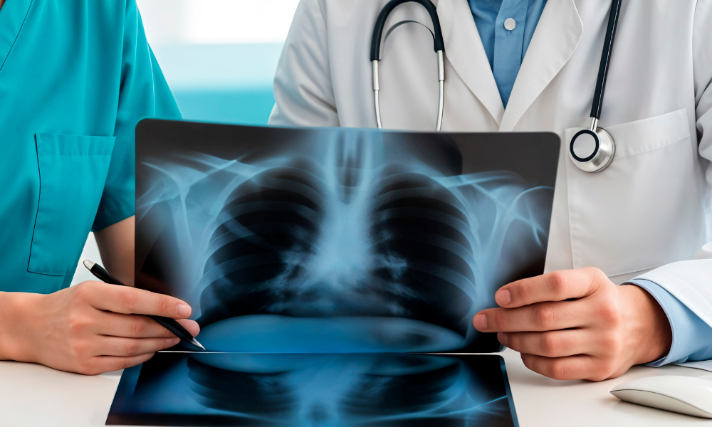 Two healthcare professionals review a chest X-ray image showing the lungs and heart silhouette on a film table.