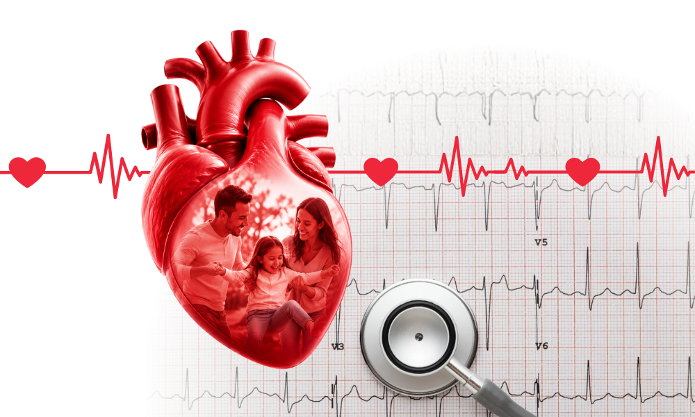 Red heart with a smiling family inside, overlaid on an ECG background and a stethoscope—symbolizing heart health and family care.