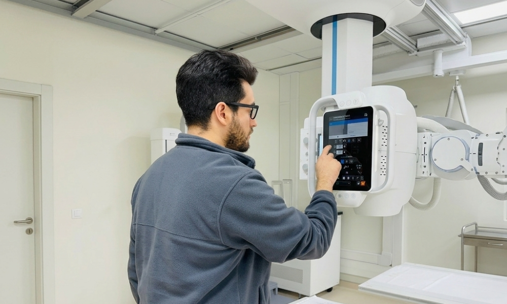 Male radiology technician wearing glasses uses the touchscreen control on a large medical imaging machine in a radiology room.
