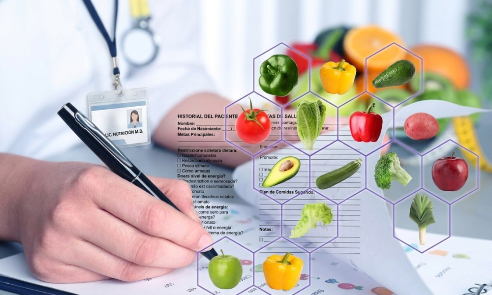 Dietitian or doctor taking notes beside a nutrient chart with hexagonal icons of assorted vegetables and fruits.