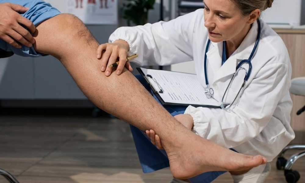 Doctor in a white coat with a stethoscope and clipboard examining a patient's leg in a clinical setting